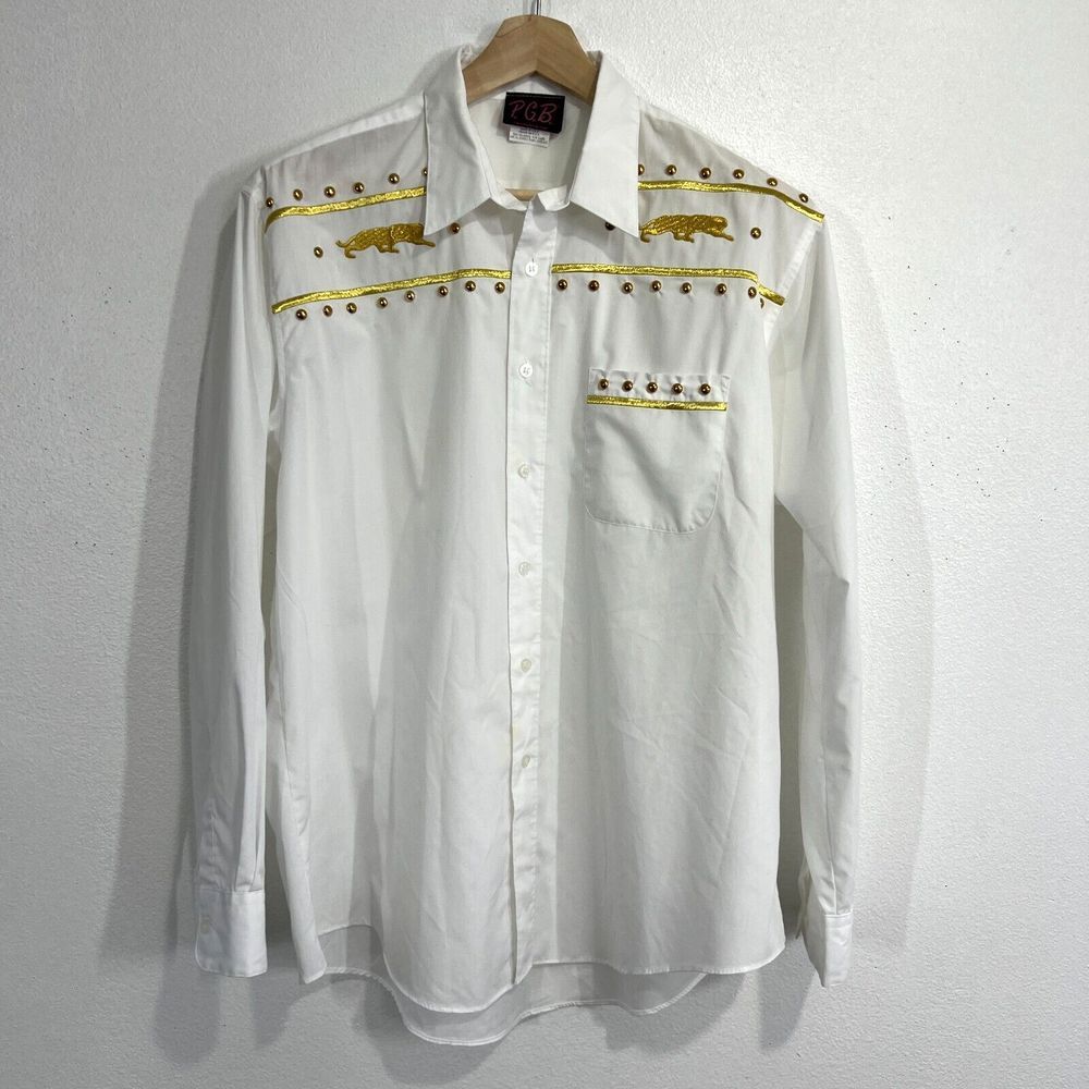 Vtg PGB Button Down Shirt Women XL White/Gold Studs Jaguar Embroidery Pocket USA